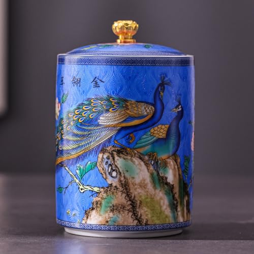 XYUERU Chinesische Keramik, Pfau Vorratsdosen aus Emaille mit Deckel, Teedose, Für Tee, Kaffee, Gewürze Und Süßigkeiten(Blue,L) von XYUERU