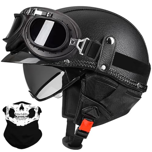 Retro Motorrad Halbhelm, German Halbmaskenhelm Männer Frauen Motorrad Cruiser Chopper Moped Roller ATV Helm ECE-geprüfter Offener Lederhelm mit Maske, 55-62cm von XYYYM
