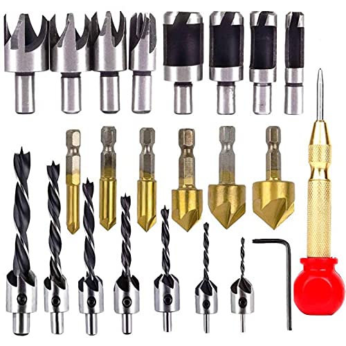 23 Stück Kegelsenker Bit Set, Holzbearbeitung sbohrwerkzeuge enthalten 6 Stück Kegel-Bohrer,7 Dreispitz-Bohrer, 8 Stück Holzdübel-Schneider für Holz DIY Bohren von XYZDOUBLE