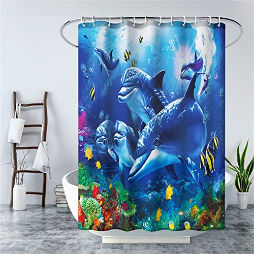 Duschvorhang Delfin, Wanne Dicker Badewannenvorhang, 3D-Digitaldruck Shower Curtain, Waschbar, wasserabweisend & pflegeleicht, 12 Haken, Outdoor Curtains Badezimmer Vorhang Dekoration,220x200cm von XYueww