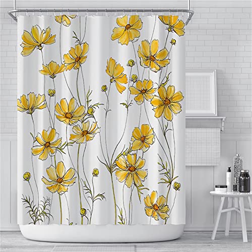 XYueww Duschvorhang, Gelbe Blume Duschvorhang Anti-Schimmel, Wasserdicht, Schnell Trocknend, Duschrollo Polyestergewebe 12 Duschvorhangringen, Badezimmerzubehör,150x180cm von XYueww