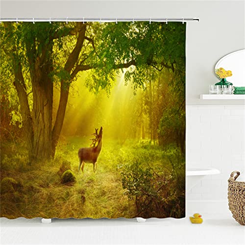 XYueww Duschvorhang, Waldtier Hirsch 3D Digitaldruck Erwachsene Kinder Badewanne Antischimmel Shower Curtains, Duschvorhänge mit Vorhanghaken Badezimmer Vorhang Outdoor Badewannenvorhang,200x200cm von XYueww