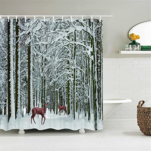 XYueww Duschvorhang, Winterbaum Hirsch 3D Digitaldruck Erwachsene Kinder Badewanne Antischimmel Shower Curtains, Duschvorhänge mit Vorhanghaken Badezimmer Vorhang Outdoor Badewannenvorhang 180x180cm von XYueww