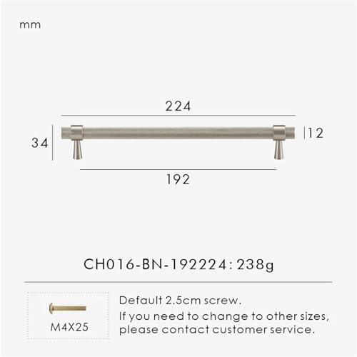 XZAVTKLW Massives Messing, matt gebürstetes Silber, gerändelter Küchenschrank-Lochgriff, T-Stange, Kleiderschrank, Tür, Schublade, 1 Stück(CH016-BN-192224) von XZAVTKLW