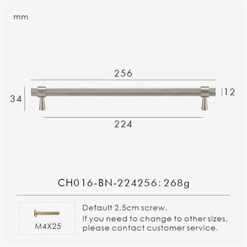 XZAVTKLW Massives Messing, matt gebürstetes Silber, gerändelter Küchenschrank-Lochgriff, T-Stange, Kleiderschrank, Tür, Schublade, 1 Stück(CH016-BN-224256) von XZAVTKLW
