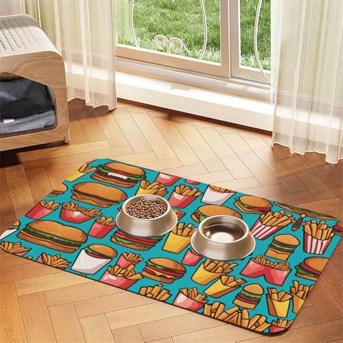 Cartoon Burger Pommes Frites Haustier saugfähige Leder rutschfeste Futtermatte 30 x 45 cm, schnell trocknend, wasserdicht, waschbare Napfunterlage Cartoon Burger Pommes Frites Haustier saugfähige Leder rutschfeste Futtermatte 30 x 45 cm, schnell trocknend, wasserdicht, waschbare Napfunterlage von XZDAL