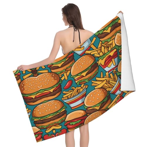 XZDAL Niedliches Burger-Pommes-Handtuch mit ultrafeiner Faser, schnelltrocknendes Badetuch mit weicher und flauschiger Textur von XZDAL