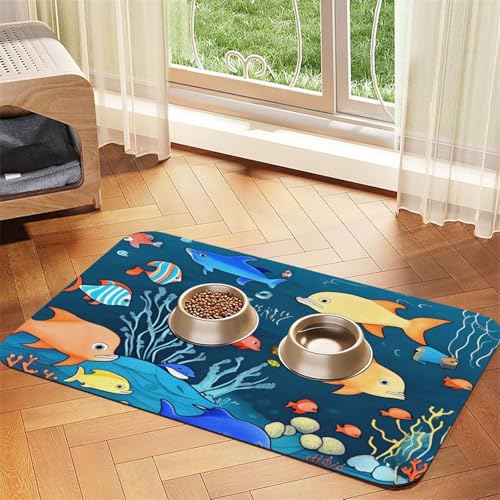Blaues Unterwasserwelt der Fische, saugfähiges Leder-Tischset, 30 x 45 cm, schönes Design, Katzen- und Hundenapfmatte, tragbare Aufbewahrung von XZDZWK