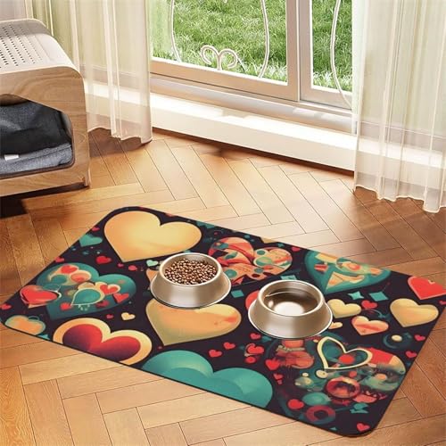 Bunte Herzen, saugfähiges Leder-Tischset, 30 x 45 cm, schönes Design, Katzen- und Hundenapfmatte, tragbare Aufbewahrung von XZDZWK