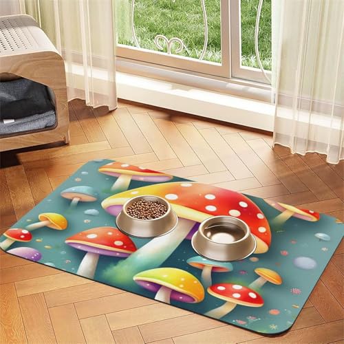 Niedliche farbige Pilze, saugfähiges Leder-Tischset, 30 x 45 cm, schönes Design, Katzen- und Hundenapfmatte, tragbare Aufbewahrung von XZDZWK