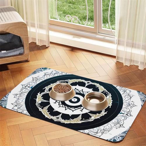 Platzset für Haustiere, rund, Totem-Design, saugfähig, Leder, 40 x 60 cm, schönes Design, für Katzen- und Hundenapf, tragbar, Schwarz und Weiß von XZDZWK