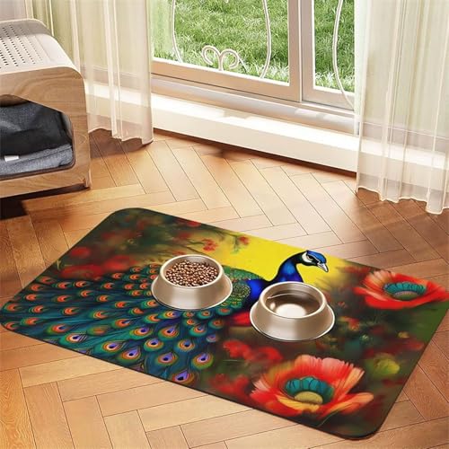 Platzset für Haustiere, saugfähig, Leder, Pfauenblumen, 30 x 45 cm, schönes Design, Katzen- und Hundenapfmatte, tragbare Aufbewahrung von XZDZWK