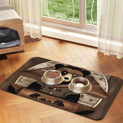 Rustikales Lodge Bear Haustier-Tischset, saugfähig, Leder, 40 x 60 cm, schönes Design, Katzen- und Hundenapfmatte, tragbare Aufbewahrung von XZDZWK