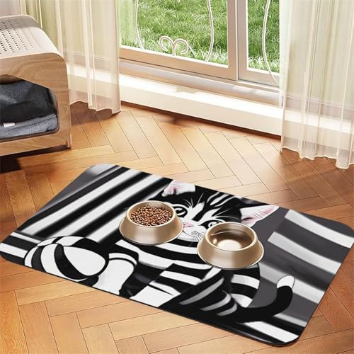 Schwarz-weiß gestreiftes Katzen- und Hundenapf-Matte, saugfähig, Leder, 30 x 45 cm, schönes Design, tragbare Aufbewahrung von XZDZWK