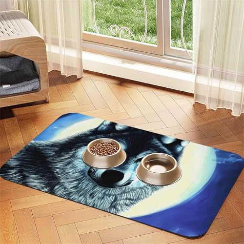 Wolf Under Moon Haustier-Tischset, saugfähig, Leder, 30 x 45 cm, schönes Design, Katzen- und Hundenapfmatte, tragbare Aufbewahrung von XZDZWK