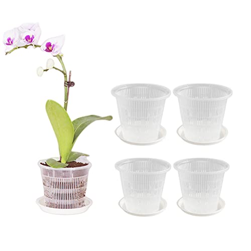 5 Stück Orchideentöpfe, 10,9 cm Orchideentöpfe mit Löchern und Untertassen, transparente Kunststoff-Orchideentöpfe, atmungsaktive Schlitz-Orchideen-Übertopf (weiß) von XZJMY