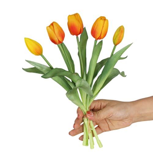 XZJMY Artificial Tulip Bunch with 3 Tulips and 2 Tulip Buds Real Touch Latex Tulips for Home Office Party Wedding Table Arrangements (Orange) von XZJMY