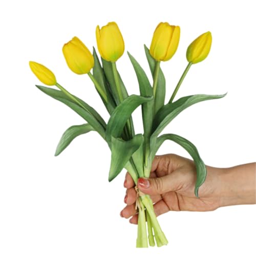 XZJMY Artificial Tulip Bunch with 3 Tulips and 2 Tulip Buds Real Touch Latex Tulips for Home Office Party Wedding Table Arrangements (Yellow) von XZJMY