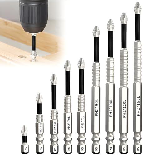 9Pcs High-Magnetic Screwdriver Drill Bit Set, Hochmagnetisches Schraubendreher-Bohrer-Set, Schlagzähigkeit, Anti-Rutsch Bits für Elektrobohrer(25-150mm) von XZMCAT