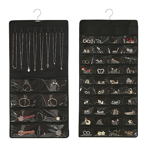 XZMCAT Doppelseitig Hängende Schmuck Organizers, Schmuckaufbewahrung mit 48 Taschen und 8 Haken und Loop Kleiderschrank, Aufbewahrungstasche über Der Tür Schmuckorganizer zum Aufhängen von XZMCAT