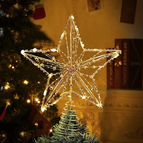 Weihnachtsbaumspitze, LED Stern Baumkrone mit Goldener Perle, Beleuchtete Pentagramm-Schneebaumspitze mit 20 Mini-Lichtern für Christbaumschmuck(klein Größe)(23CM*18CM) von XZXWZX