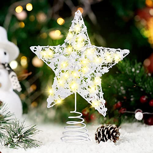Weihnachtsbaumspitze, LED Stern Baumkrone mit weißer Schneeflocke, beleuchtete Pentagramm Schnee Baumkrone mit 20 Mini Lichtern für Christbaumschmuck(klein Größe)(23CM*18CM) von XZXWZX