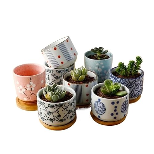 Blumentopf mit Bambus-Tablett, japanischer Stil, Keramik, Mini-Pflanzgefäß, Zement, Sukkulenten, Bonsai, Gartendekoration, Büro, Zuhause, Pflanze (grün) von Xailry