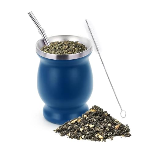 Bombilla Yerba Mate Gourd Doppelteetasse aus Edelstahl mit einem Löffel und einer Bürste, Wärmedämmung, Anti-Verbrühung, 1 Set, 230 ml (blaues Set und Löffel) von Xailry