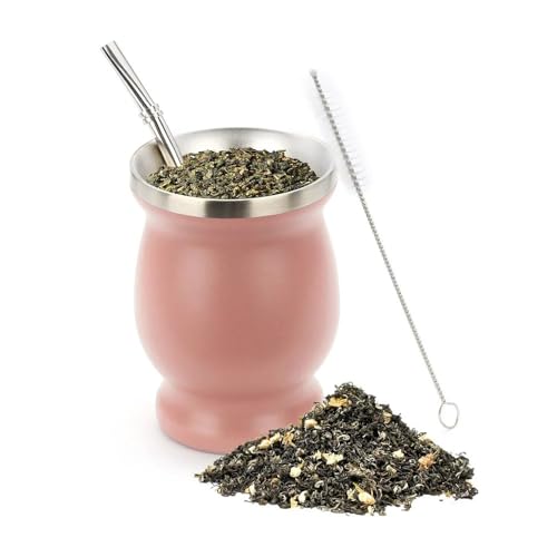 Bombilla Yerba Mate Gourd Doppelteetasse aus Edelstahl mit einem Löffel und einer Bürste, Wärmedämmung, Anti-Verbrühung, 1 Set, 230 ml (rosa Set und Löffel) von Xailry