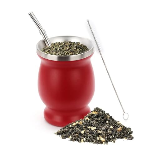 Bombilla Yerba Mate Gourd Doppelteetasse aus Edelstahl mit einem Löffel und einer Bürste, Wärmedämmung, Anti-Verbrühung, 1 Set, 230 ml (rotes Set und Löffel) von Xailry