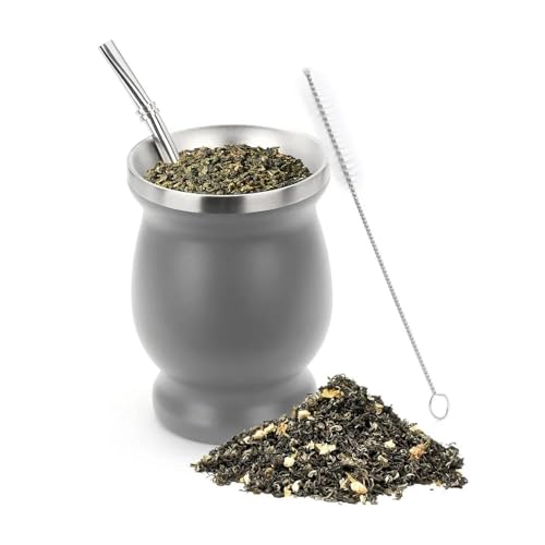 Bombilla Yerba Mate Gourd Doppelteetasse aus Edelstahl mit einem Löffel und einer Bürste, Wärmeisolierung, Anti-Verbrühung, 1 Set, 230 ml (graues Set und Löffel) von Xailry