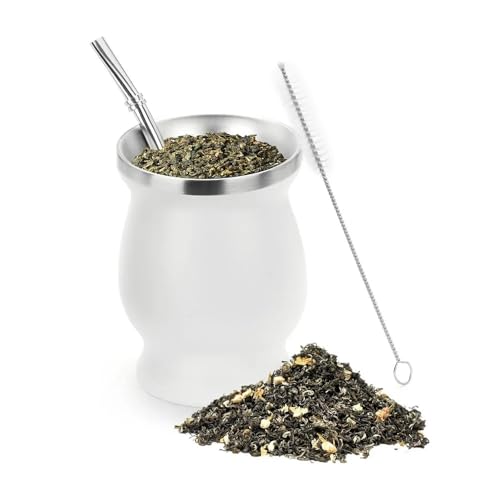 Bombilla Yerba Mate Gourd Doppelteetasse aus Edelstahl mit einem Löffel und einer Bürste, Wärmeisolierung, Anti-Verbrühung, 1 Set mit 230 ml (weißes Set und Löffel) von Xailry