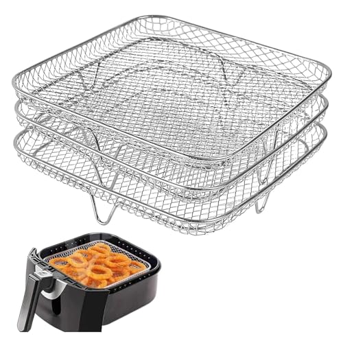 Drei stapelbare Luftfritteusen-Edelstahl-Korb-Tablett, Ofengestell, Luftfritteusen-Zubehör, Küchenhelfer, Backwerkzeuge (quadratisch) von Xailry