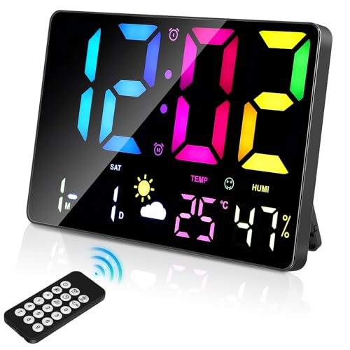 Xakay Wecker Digital Großes Display, Wecker Nachttisch, 12" Wanduhr Digital mit Fernbedienung, LED-Leuchtziffern RGB-Nachtlicht, Datum, 12/24H, 0-100% Dimmung, Temperatur und Feuchtigkeit, Digital Uhr von Xakay