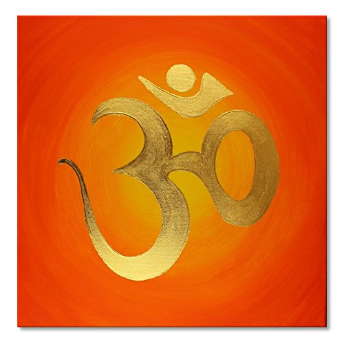 Wandbild OM Zeichen Bild in Gold "OM GOLD" - HANDGEMALT - Größe 60x60 cm viereckig - OM Symbol mit 24 Karat BLATTGOLD - Leinwandbild auf viereckigen Keilrahmen gespannt | Made in Germany von HARMONIE IM GANZEN