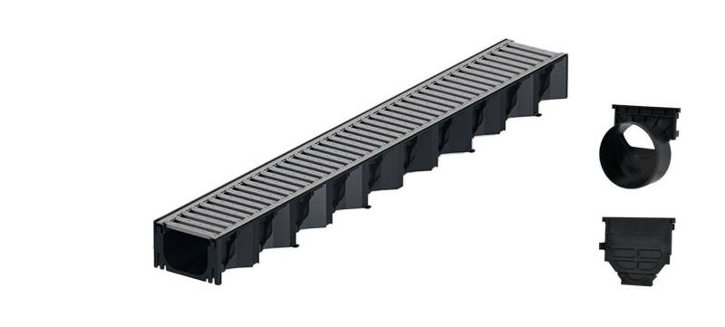 ACO Severin Ahlmann GmbH & Co. KG Entwässerungsrinne 1m Hexaline 2.0 Entwässerungsrinne + Stegrost verzinkt + Ablauf, 4-St., horizontaler Ablauf, Rost Stahl verzinkt von ACO Severin Ahlmann GmbH & Co. KG