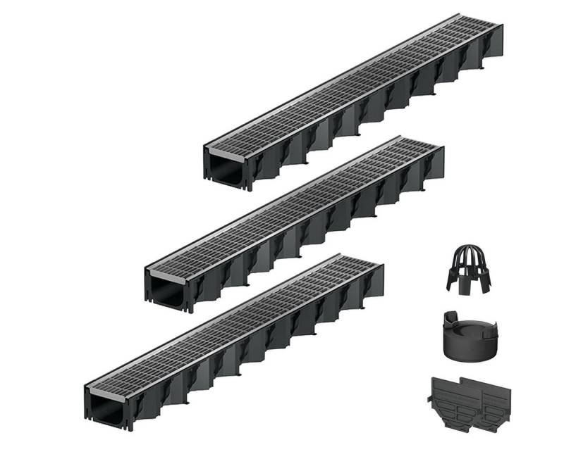 ACO Severin Ahlmann GmbH & Co. KG Entwässerungsrinne 3x1m Hexaline 2.0 Entwässerungsrinne + Maschenrost verzinkt + Ablauf, 8-St., vertikaler Ablauf, Maschenrost Stahl verzinkt von ACO Severin Ahlmann GmbH & Co. KG