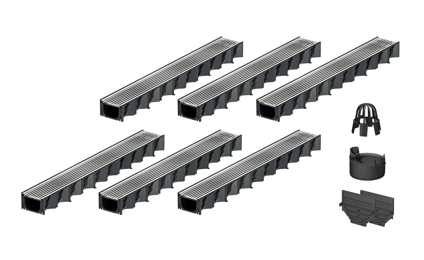 Xanie Regenrinne 6x1m ACO Hexaline 2.0 Entwässerungsrinne mit Edelstahl Längsstab Stegrost Ablauf vertikal Bodenrinne Terrassenrinne, 14-St., flexibles System einfacher Einbau von Xanie