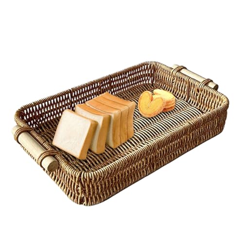Xasbseulk Rechteckiges Rattan-Tablett, Gewebtes Serviertablett mit Griff, Polypropylen + Eisenrahmen, Brown, Rustikal, Perfekt für Essen und Getränke, Ideal für Familienfeiern und Partys von Xasbseulk