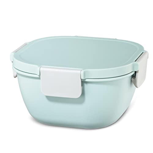 Xavax Lunchbox groß, 1700 ml (Brotdose zum Mitnehmen, Brotzeitbox für Mikrowelle für kaltes und warmes Essen, Frühstücksbox mit Besteck, Deckel mit Clip, spülmaschinenfest) pastellblau/grau von Xavax