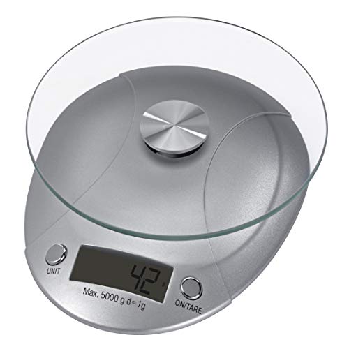 Xavax Präzise, digitale Küchenwaage mit abnehmbarer Wiegefläche aus Sicherheitsglas, Bis 5 kg, Milla, Silber von Xavax