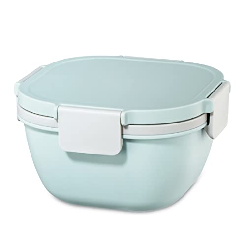 Xavax Salatbox To Go (Salatschüssel zum Mitnehmen, Salatbecher to go mit Dressingbehälter u. 3 Fächer im Topper, für Mikrowelle, Salatbehälter mit Besteck, Deckel Clip Verschluss, 1400 ml) pastellblau von Xavax