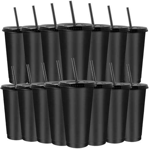 Kunststoffbecher mit Strohhalm und Deckel, 680 ml, wiederverwendbare Becher, Eiskaffeetassen, Reisebecher, Partybecher für Smoothie, Säfte, Kaffee, kalte und heiße Getränke, Schwarz, 15 Stück Kunststoffbecher mit Strohhalm und Deckel, 680 ml, wiederverwendbare Becher, Eiskaffeetassen, Reisebecher, Partybecher für Smoothie, Säfte, Kaffee, kalte und heiße Getränke, Schwarz, 15 Stück von Xaztr