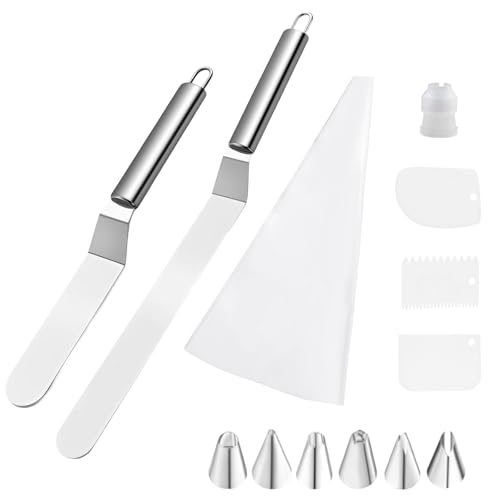 Xbessc 2 Stück Winkelpalette Torte Edelstahl Winkelpalette Tortenmesser Streichpaletten Kuchenmesser mit Kunststoffspachtel Spritzbeutel Spritztüllen für Verteilen von Sahne Kuchen Backen(Silber) von Xbessc