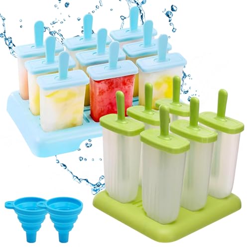Xbessc Eisformen Eis am Stiel, 15 Stück Eisform Wiederverwendbar, DIY Ideen Eiscreme Formen Plastik Eisförmchen Kinder Bpa Frei, Wassereis Popsicle Formen Set mit Sticks und Falttrichter(Blau, Grün) von Xbessc