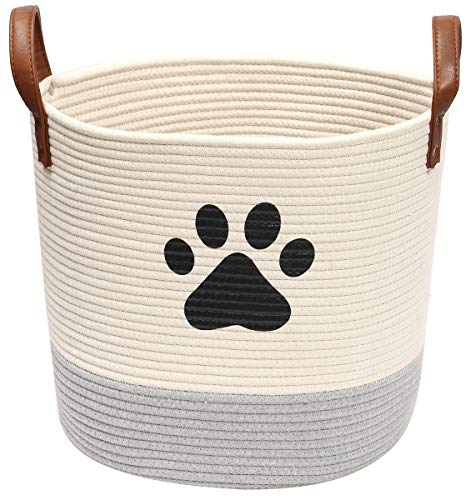 Xbopetda Runder Aufbewahrungskorb aus Baumwollseil, Aufbewahrungskörbe für Hundespielzeug, mit Ledergriff, Wäschekorb, Spielzeugaufbewahrung, Organizer (Beige/Grau) von Xbopetda