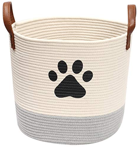 Xbopetda Runder Aufbewahrungskorb aus Baumwollseil, für Hundespielzeug, Aufbewahrungsbehälter mit Ledergriff, Wäschekorb, Spielzeug-Organizer (beige/grau) von Xbopetda