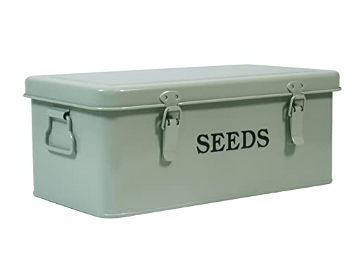 Xbopetda Saatgutbox aus Metall, Samen-Aufbewahrungsbox, Samenumschlag, Samenpaket-Behälter, 4 Fächer, Garten-Samenbehälter mit Sicherheitsverschluss und Deckel (Graugrün) von Xbopetda