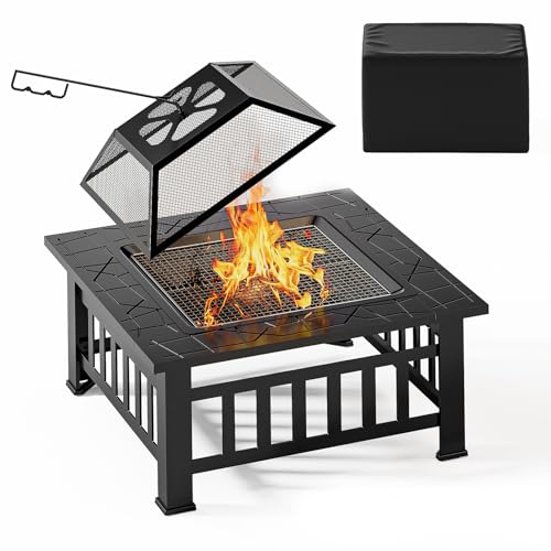 Xbro Feuerschale mit Funkenschutz,3 in 1 Feuerschale,Feuerschale mit Grillrost,Feuerschale Feuerschalen für den Garten, mit Wasserfester Schutzhülle,Quadratische Feuerschale, Schwarz,81 x 81 x 35 cm von Xbro