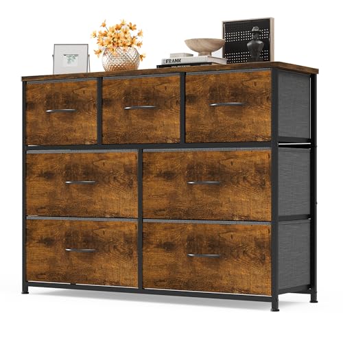 Xbro Kommode mit Schubladen, 7 Schubladen aus Stoff mit Griffen, Komodenschrank Schlafzimmer mit Holzplatte, Kommode Schlafzimmer Flur für Küche Büro Flur Schlafzimmer (Rustikales Braun) von Xbro